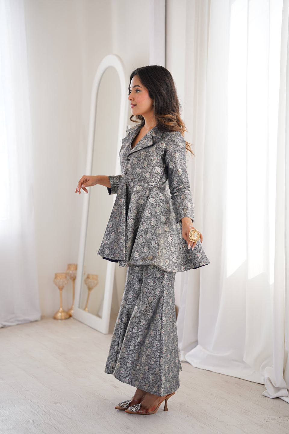 Navy Blue Brocade Peplum Top Co-ord Set with Flared Pants