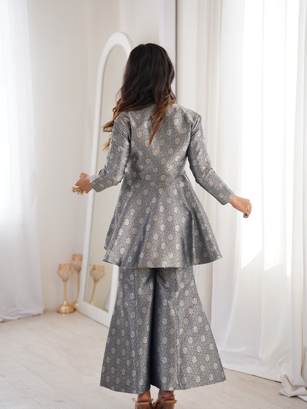 Navy Blue Brocade Peplum Top Co-ord Set with Flared Pants