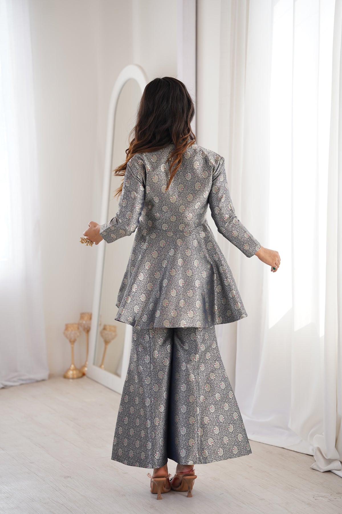 Navy Blue Brocade Peplum Top Co-ord Set with Flared Pants