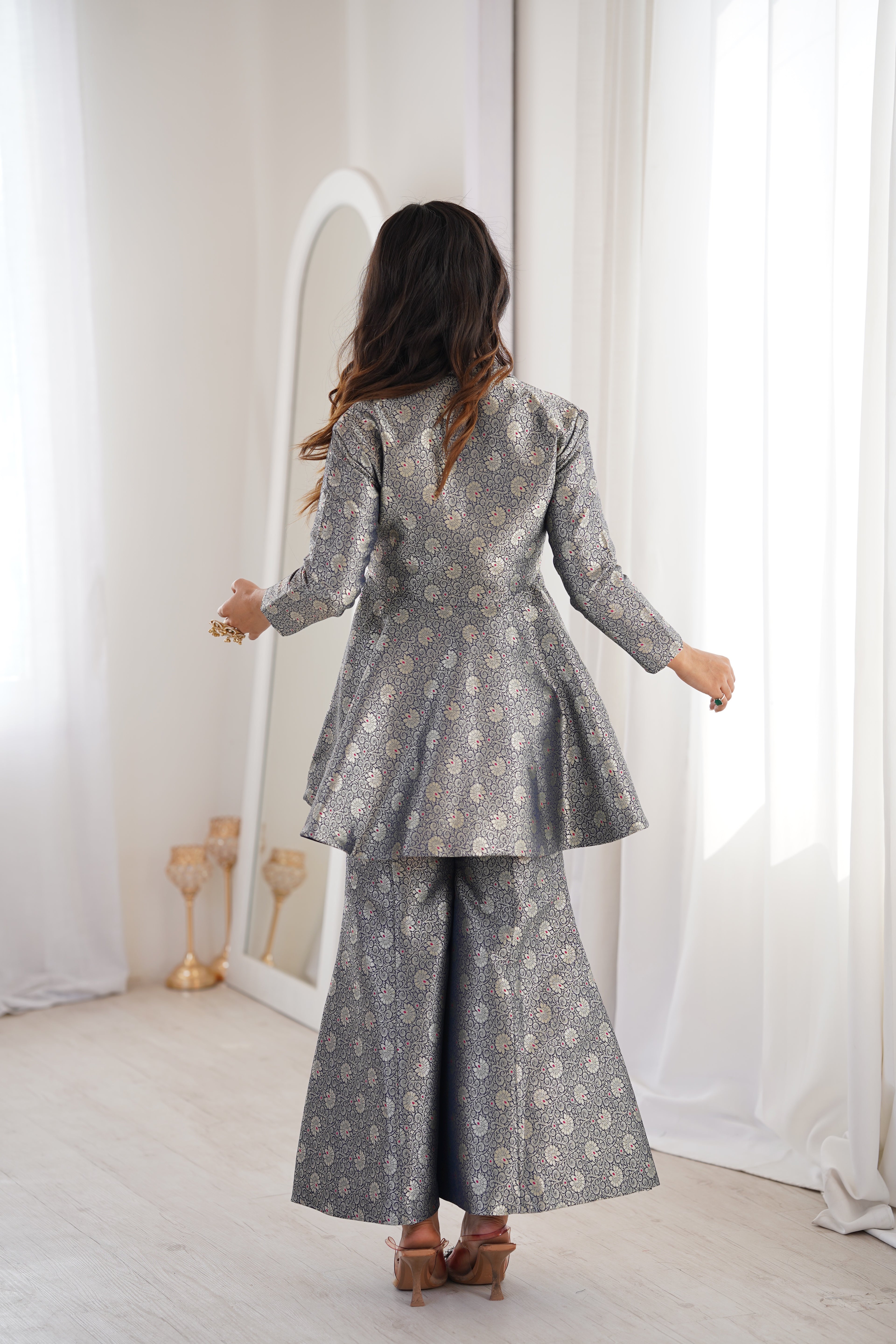 Navy Blue Brocade Peplum Top Co-ord Set with Flared Pants