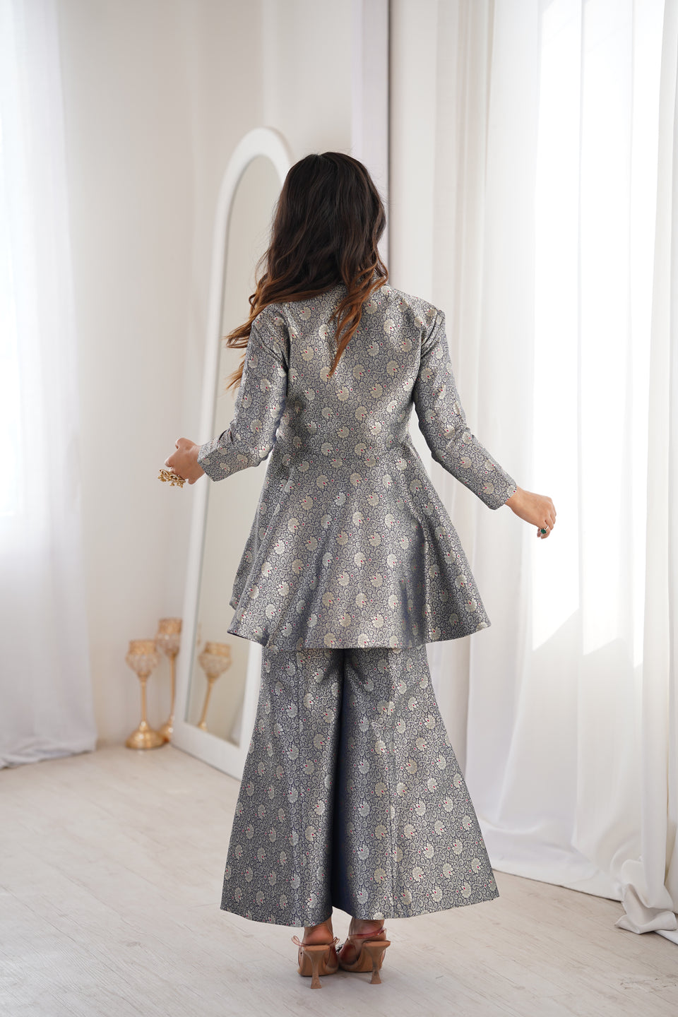 Navy Blue Brocade Peplum Top Co-ord Set with Flared Pants