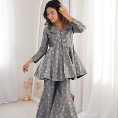 Navy Blue Brocade Peplum Top Co-ord Set with Flared Pants