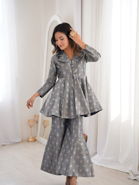 Navy Blue Brocade Peplum Top Co-ord Set with Flared Pants