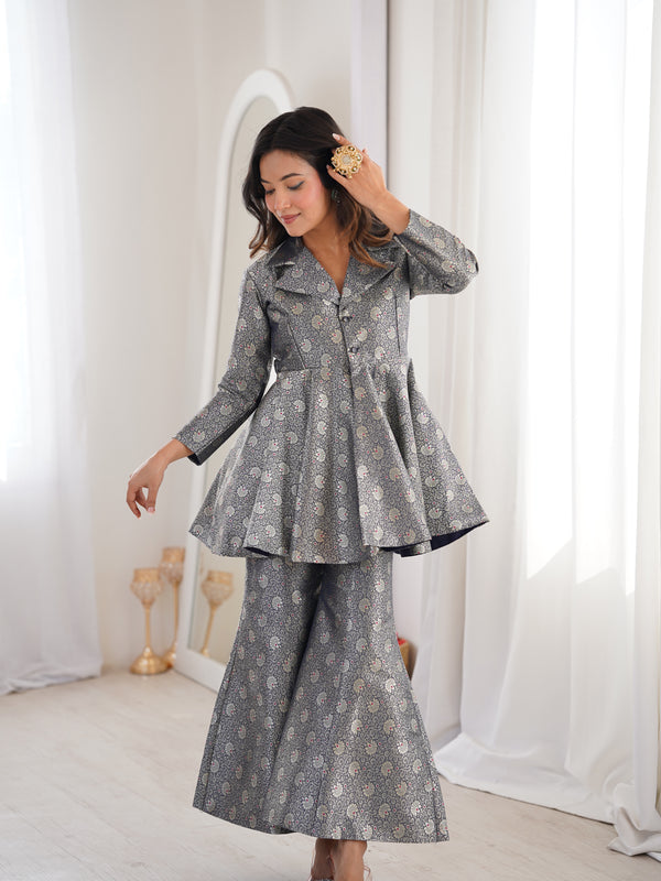 Navy Blue Brocade Peplum Top Co-ord Set with Flared Pants