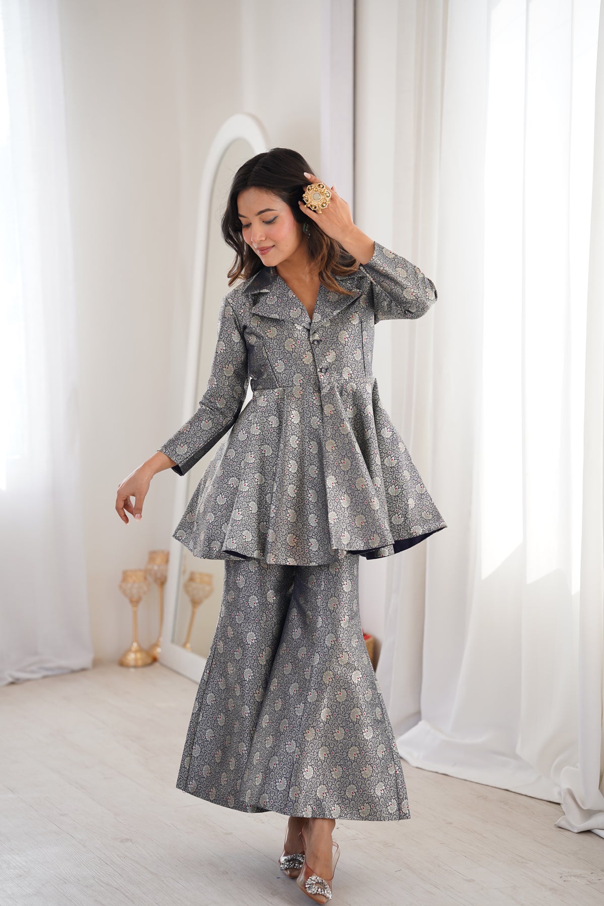 Navy Blue Brocade Peplum Top Co-ord Set with Flared Pants