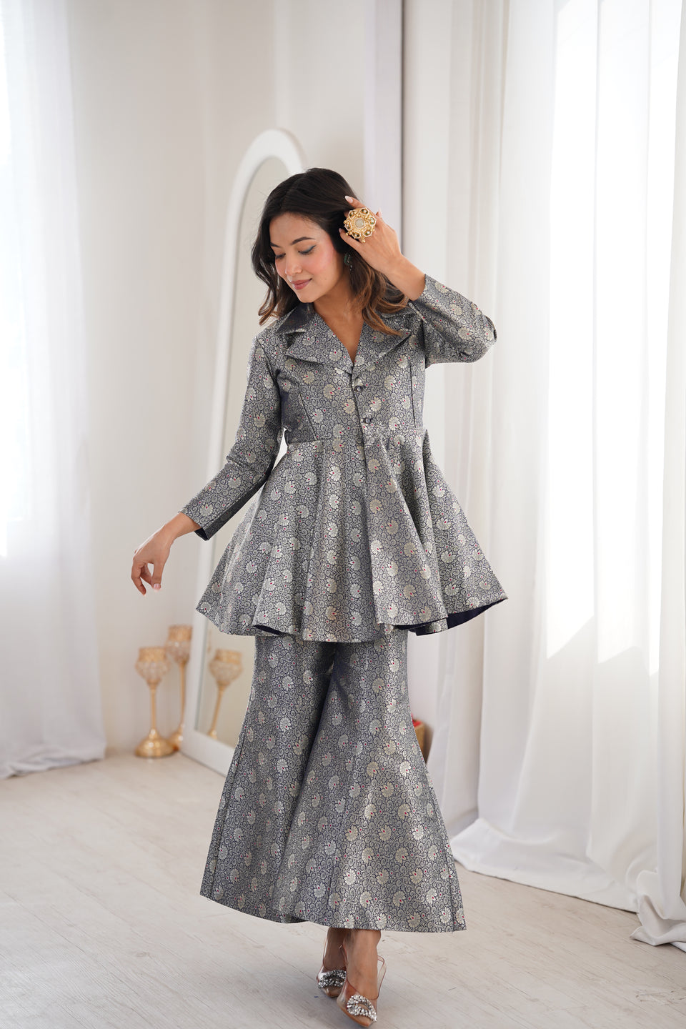 Navy Blue Brocade Peplum Top Co-ord Set with Flared Pants