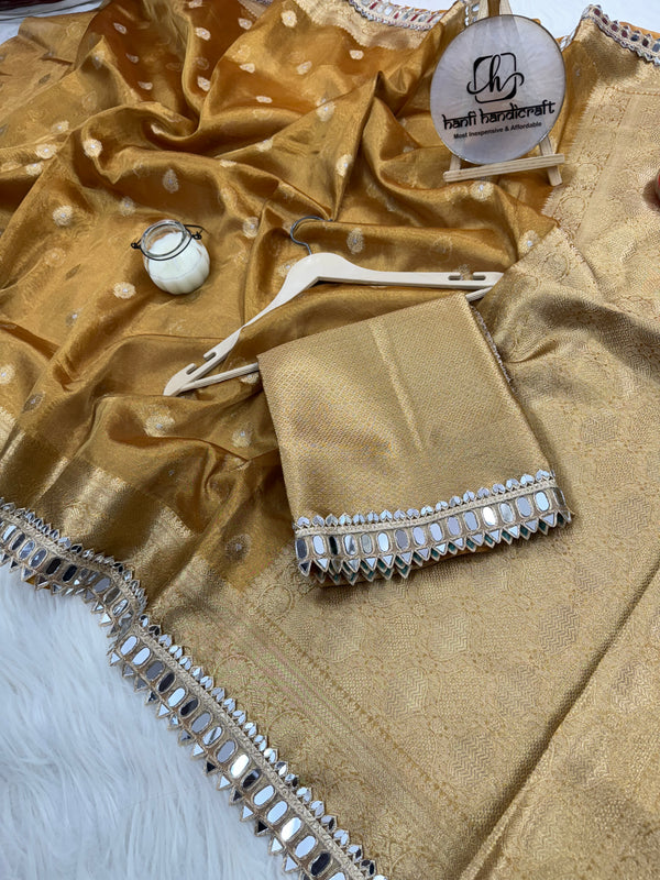 Mustard Gold Banarasi Varnika Tissue Silk Mirror Work Saree