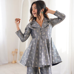 Navy Blue Brocade Peplum Top Co-ord Set with Flared Pants