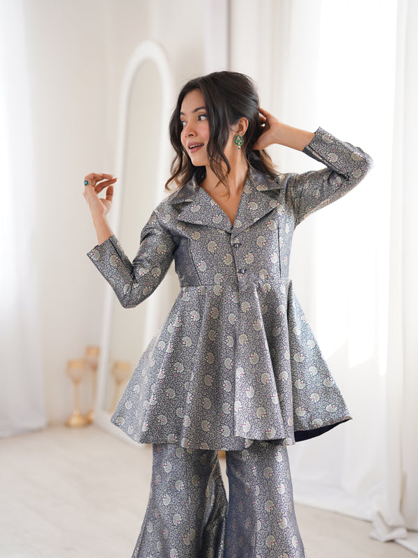 Navy Blue Brocade Peplum Top Co-ord Set with Flared Pants