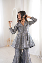 Navy Blue Brocade Peplum Top Co-ord Set with Flared Pants