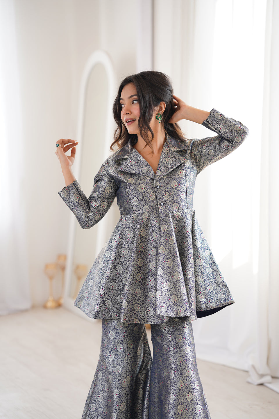 Navy Blue Brocade Peplum Top Co-ord Set with Flared Pants