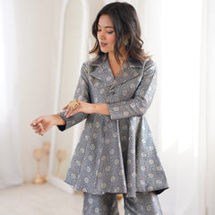 Navy Blue Brocade Peplum Top Co-ord Set with Flared Pants