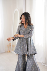 Navy Blue Brocade Peplum Top Co-ord Set with Flared Pants
