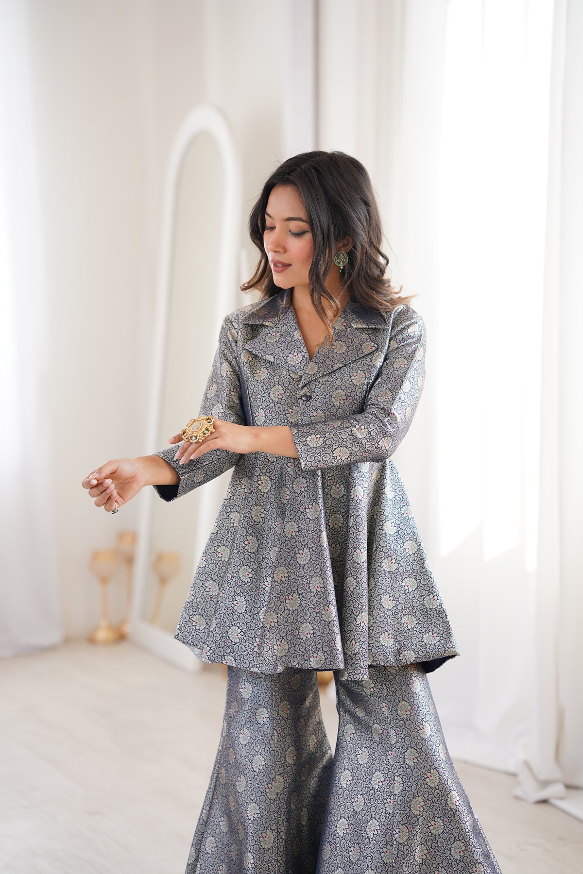 Navy Blue Brocade Peplum Top Co-ord Set with Flared Pants