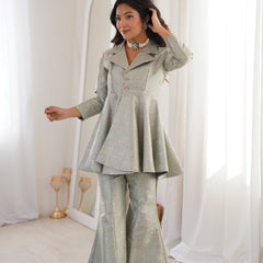 Pastel Green Brocade Peplum Top Co-ord Set with Flared Pants