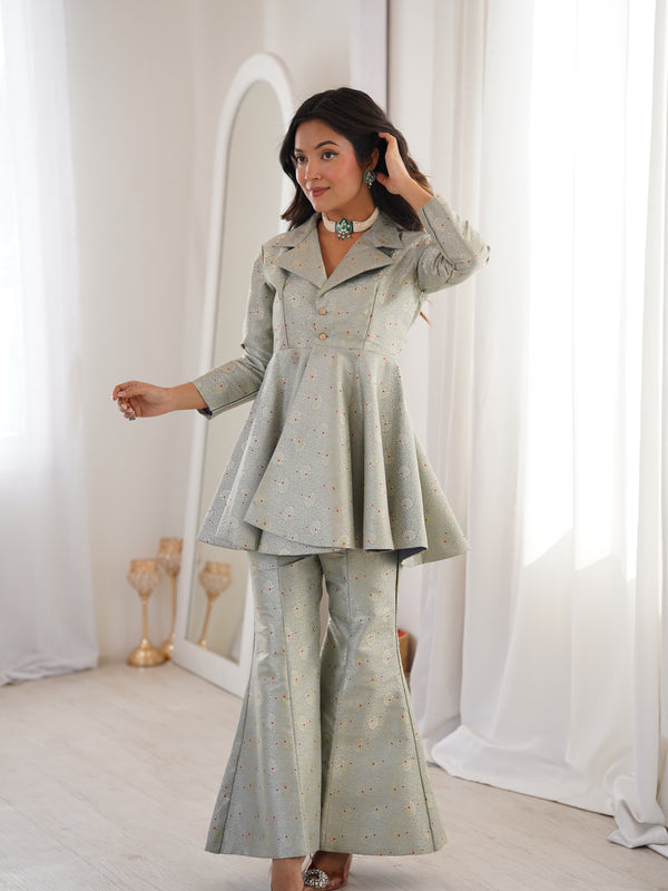 Pastel Green Brocade Peplum Top Co-ord Set with Flared Pants
