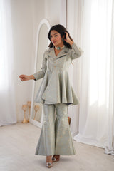 Pastel Green Brocade Peplum Top Co-ord Set with Flared Pants