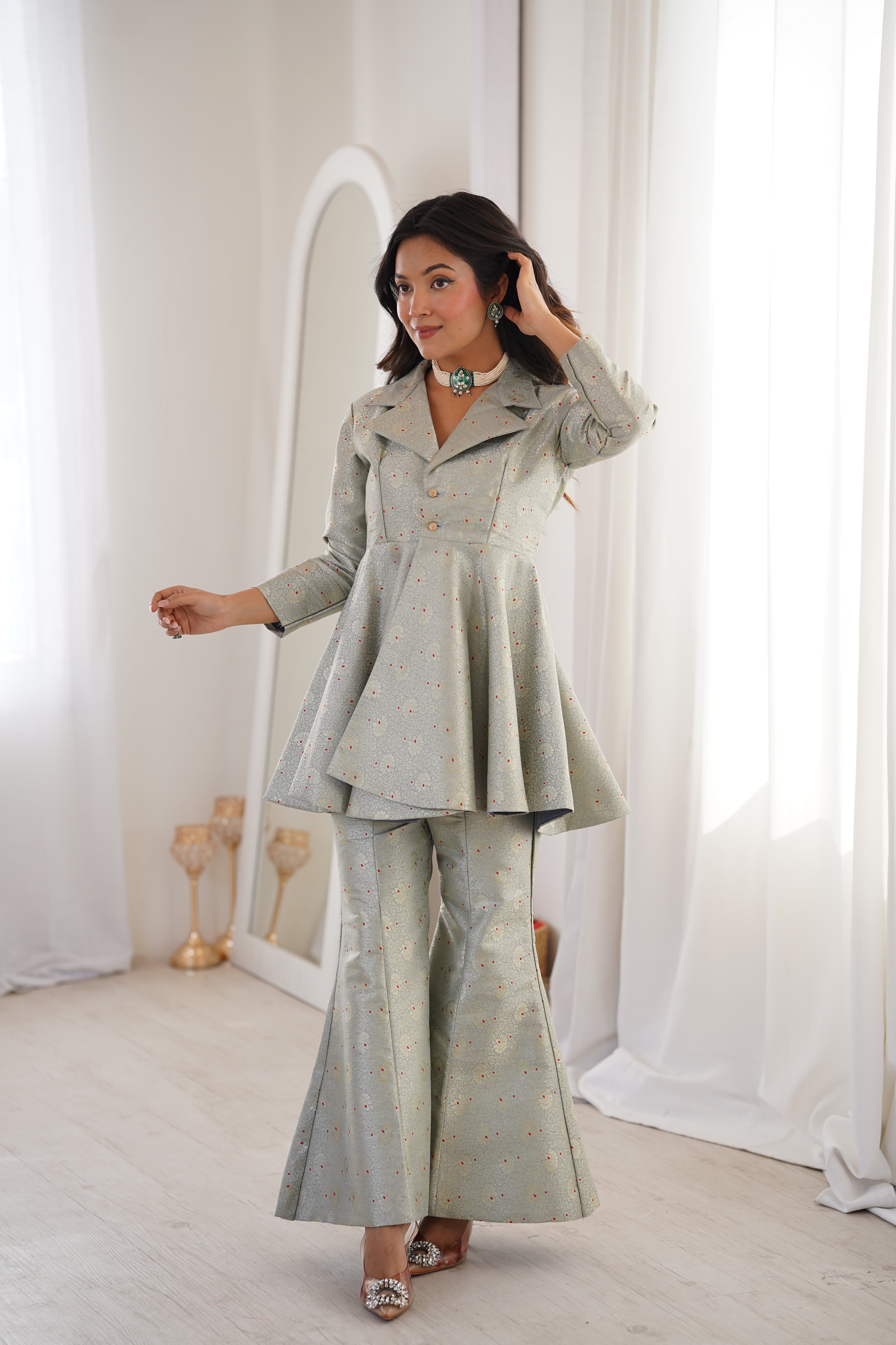 Pastel Green Brocade Peplum Top Co-ord Set with Flared Pants