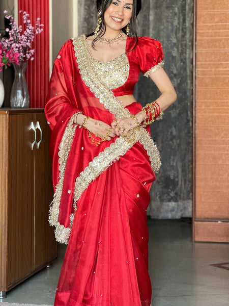 Royal Red Gul-e-Zar Flower Pearl Moti Handwork Saree