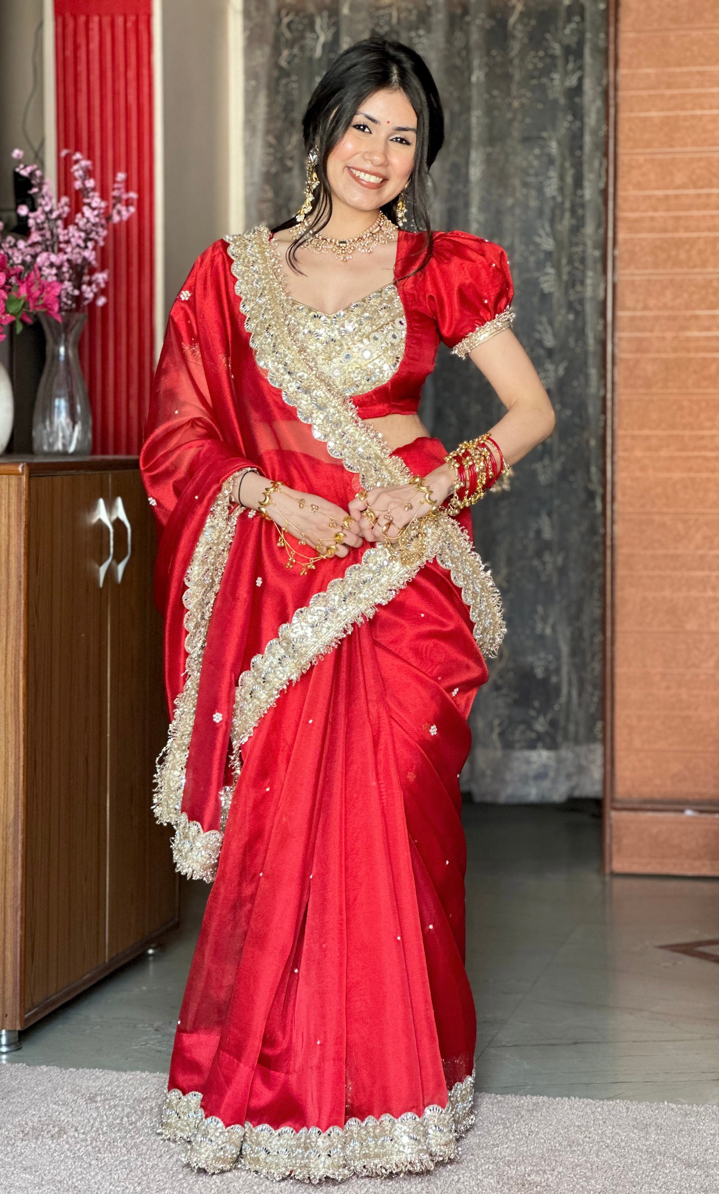 Royal Red Gul-e-Zar Flower Pearl Moti Handwork Saree