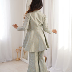 Pastel Green Brocade Peplum Top Co-ord Set with Flared Pants