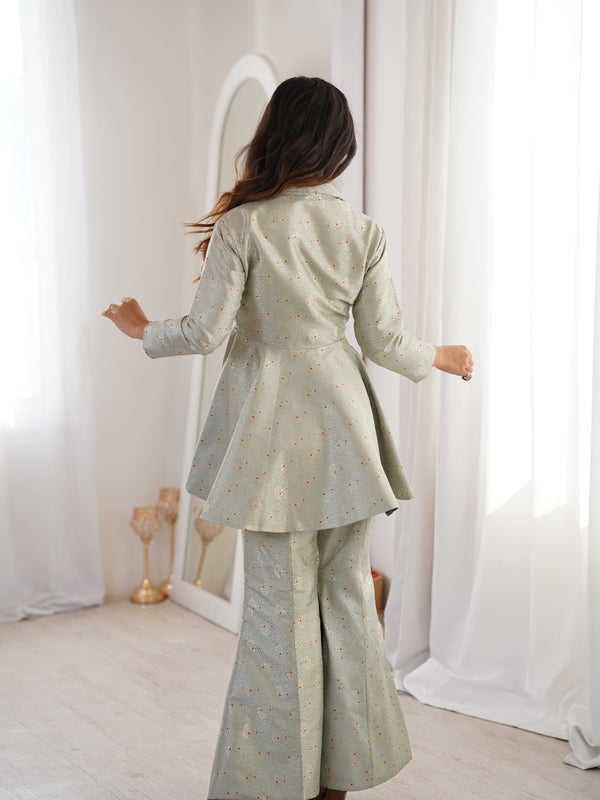 Pastel Green Brocade Peplum Top Co-ord Set with Flared Pants