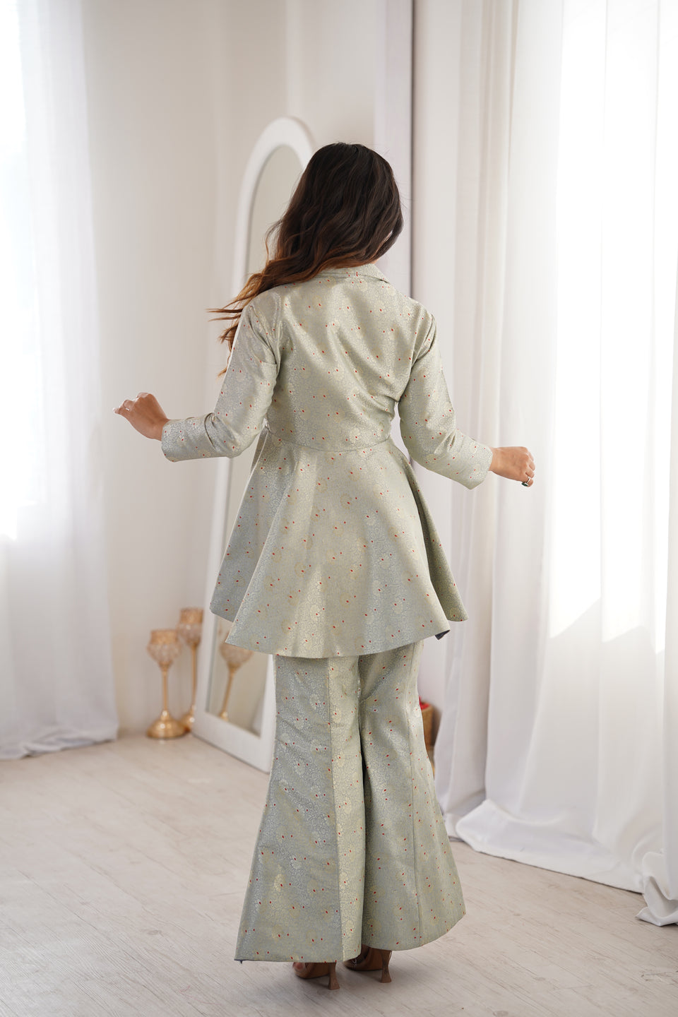 Pastel Green Brocade Peplum Top Co-ord Set with Flared Pants
