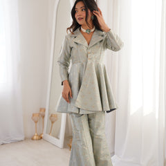 Pastel Green Brocade Peplum Top Co-ord Set with Flared Pants