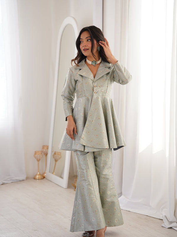 Pastel Green Brocade Peplum Top Co-ord Set with Flared Pants