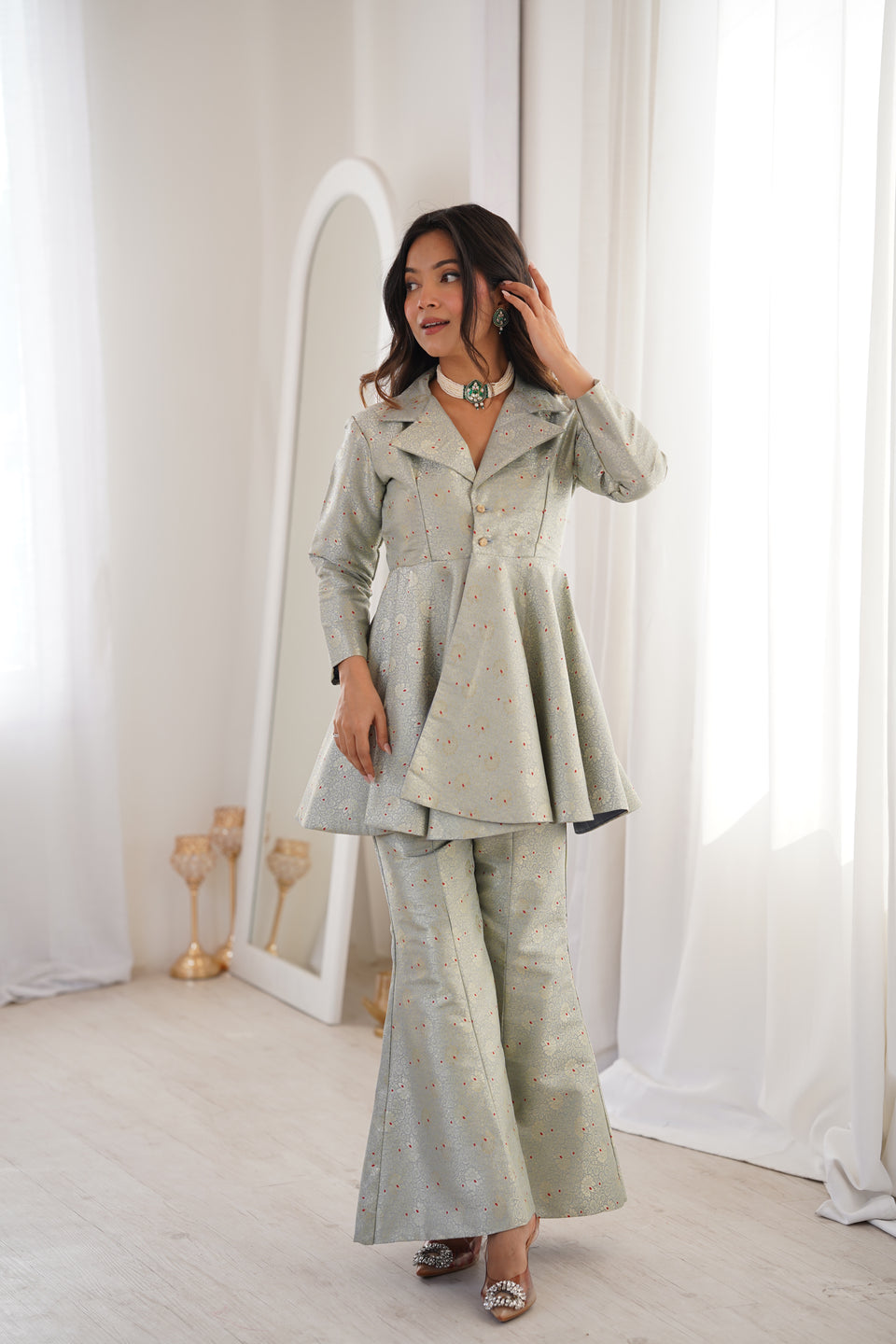 Pastel Green Brocade Peplum Top Co-ord Set with Flared Pants