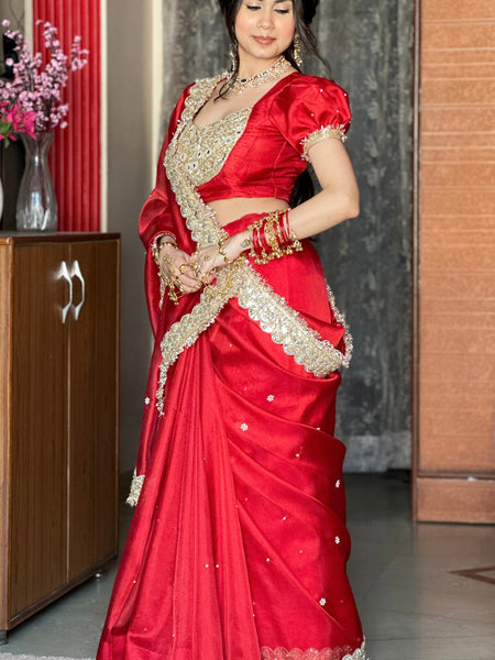 Royal Red Gul-e-Zar Flower Pearl Moti Handwork Saree
