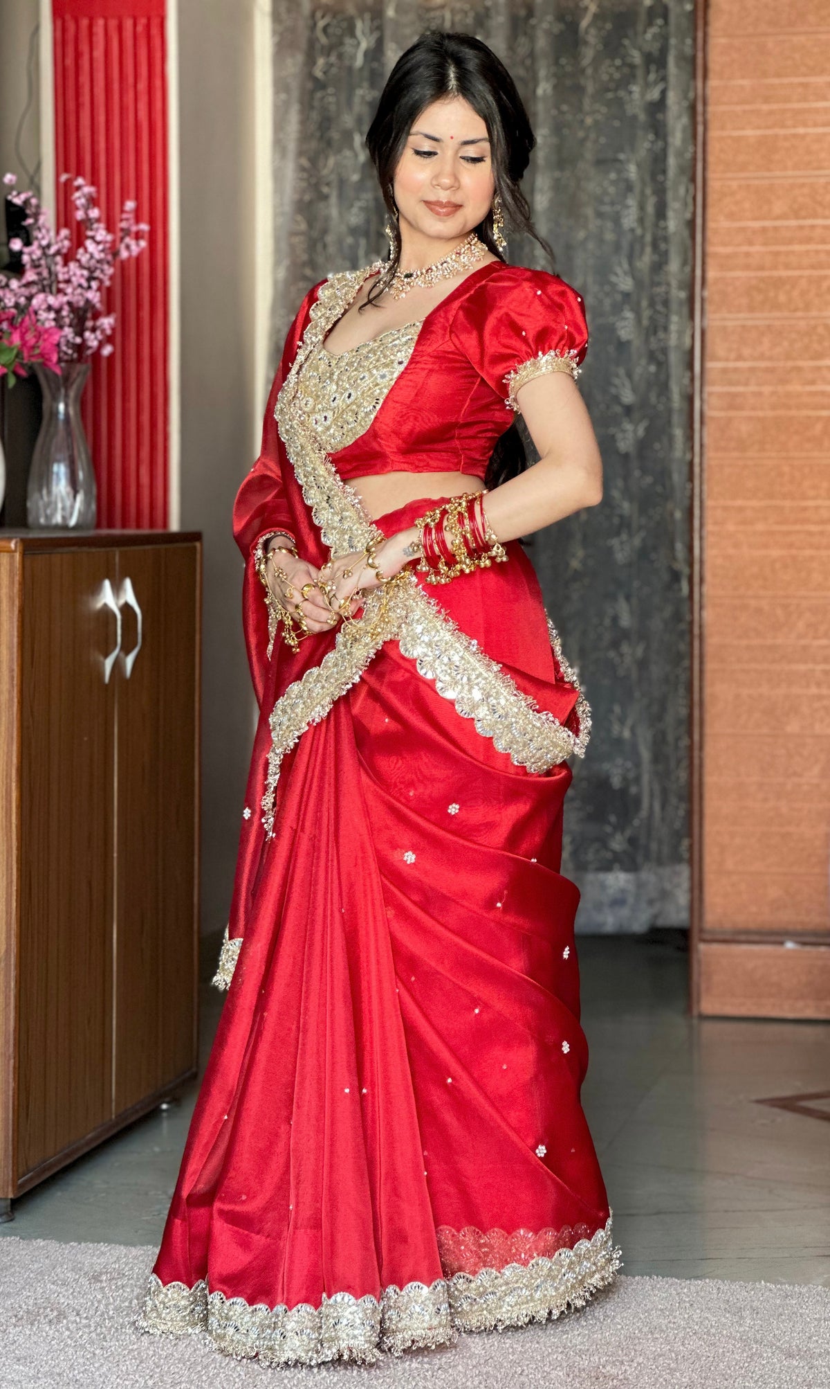 Royal Red Gul-e-Zar Flower Pearl Moti Handwork Saree