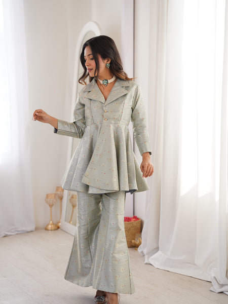 Pastel Green Brocade Peplum Top Co-ord Set with Flared Pants