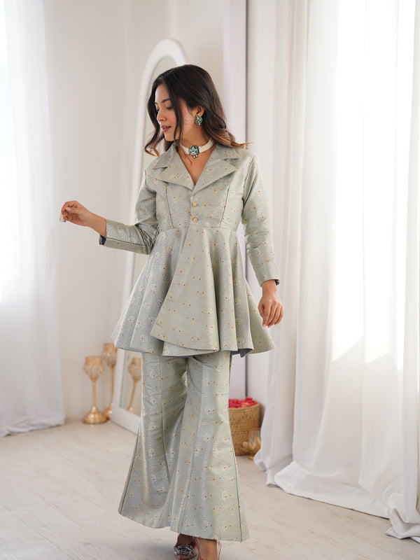 Pastel Green Brocade Peplum Top Co-ord Set with Flared Pants