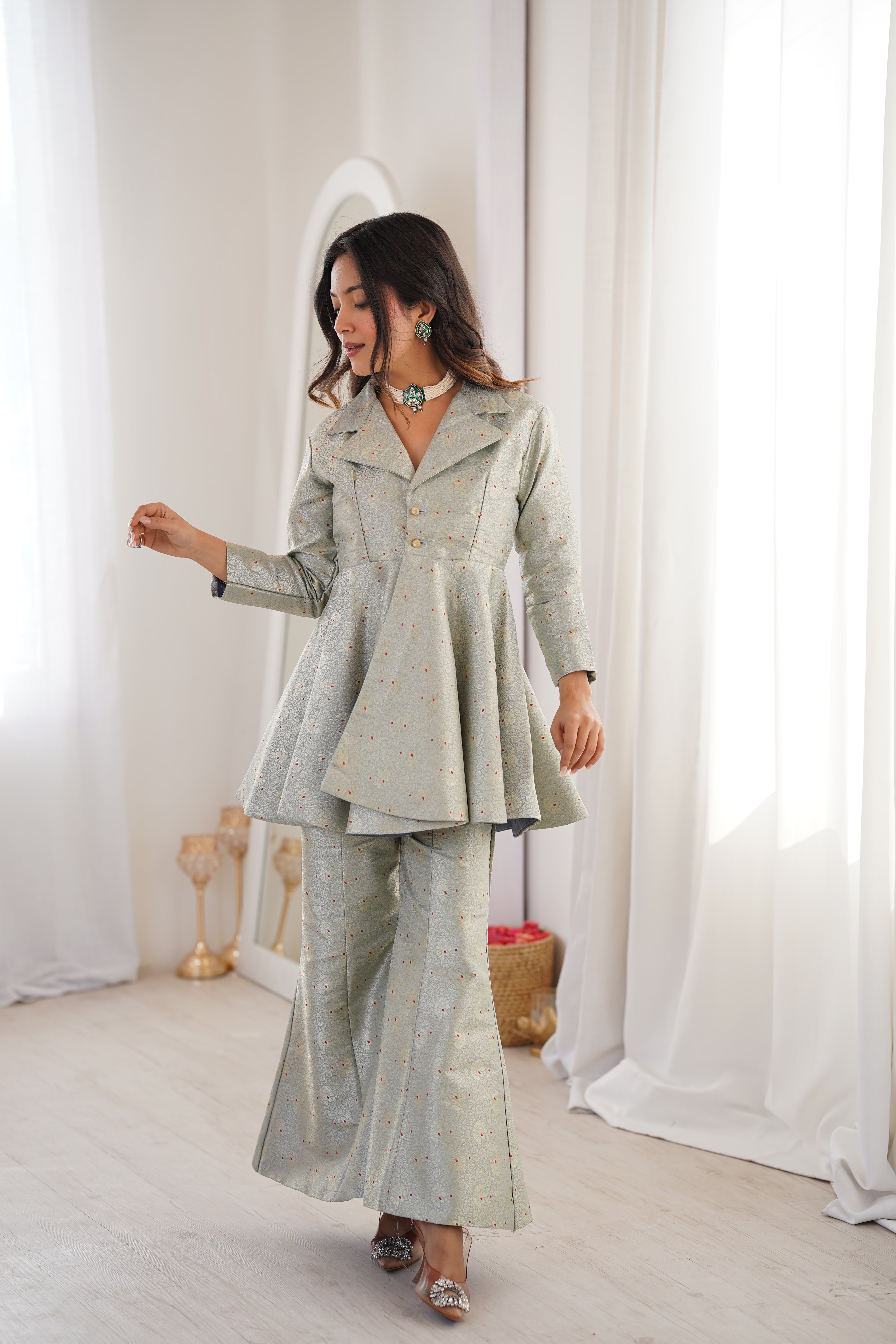 Pastel Green Brocade Peplum Top Co-ord Set with Flared Pants