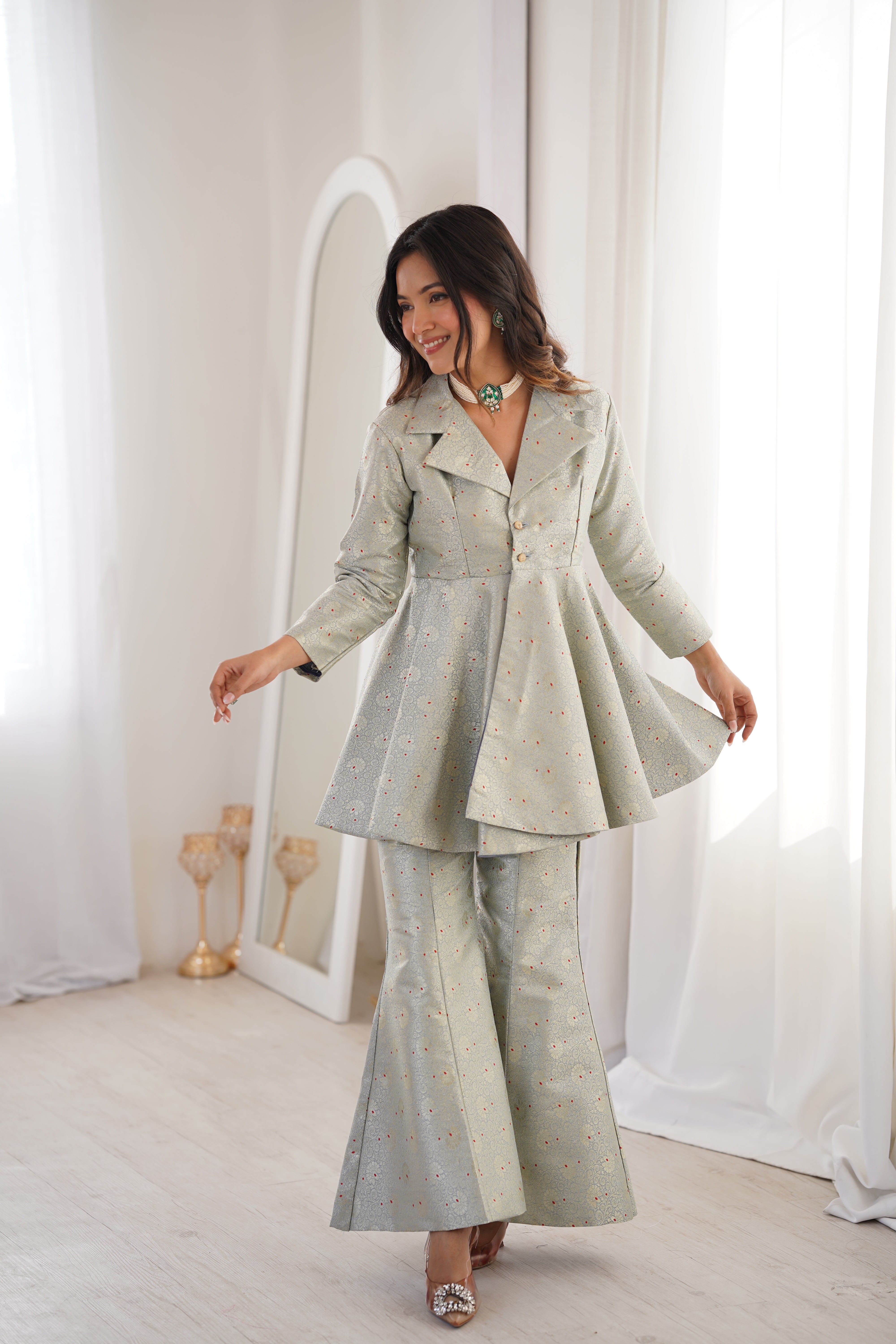 Pastel Green Brocade Peplum Top Co-ord Set with Flared Pants – Hanfi ...