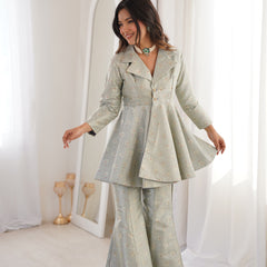 Pastel Green Brocade Peplum Top Co-ord Set with Flared Pants