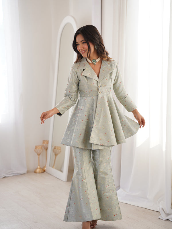 Pastel Green Brocade Peplum Top Co-ord Set with Flared Pants