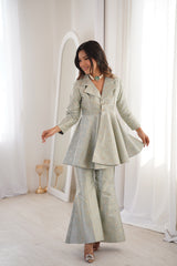 Pastel Green Brocade Peplum Top Co-ord Set with Flared Pants