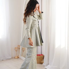 Pastel Green Brocade Peplum Top Co-ord Set with Flared Pants