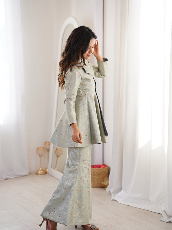 Pastel Green Brocade Peplum Top Co-ord Set with Flared Pants