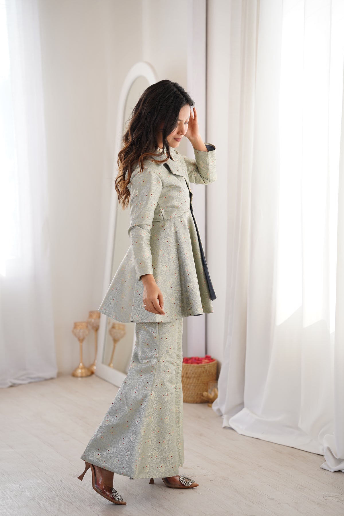 Pastel Green Brocade Peplum Top Co-ord Set with Flared Pants
