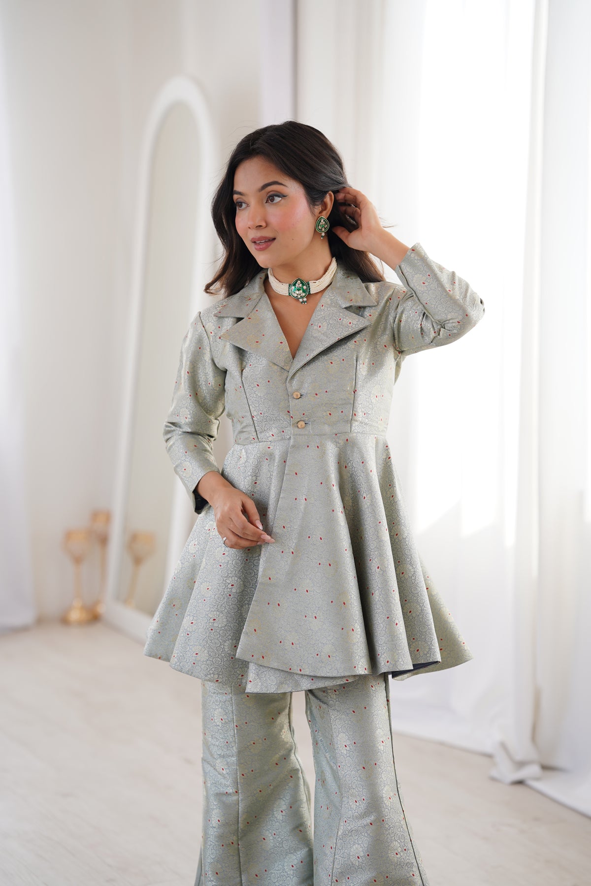 Pastel Green Brocade Peplum Top Co-ord Set with Flared Pants