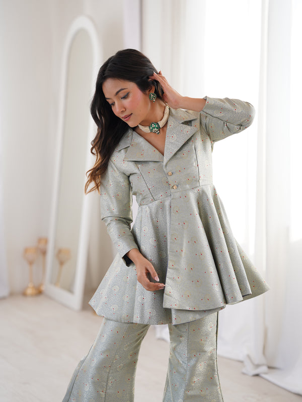 Pastel Green Brocade Peplum Top Co-ord Set with Flared Pants