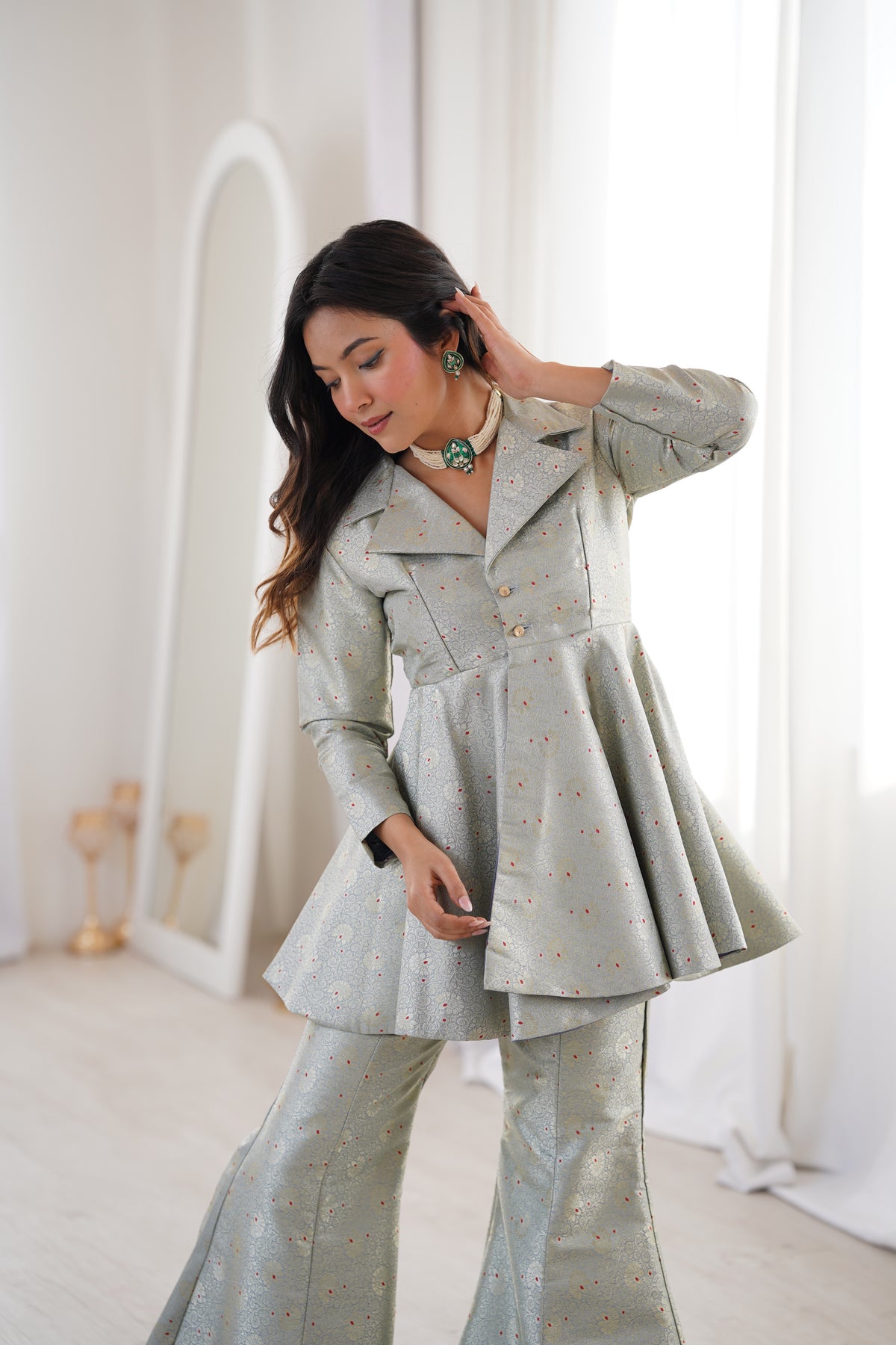 Pastel Green Brocade Peplum Top Co-ord Set with Flared Pants
