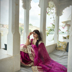Magenta Pink Banarasi Rajwada Mirror Work Tissue Silk Saree
