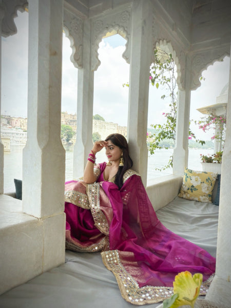 Magenta Pink Banarasi Rajwada Mirror Work Tissue Silk Saree
