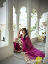Magenta Pink Banarasi Rajwada Mirror Work Tissue Silk Saree