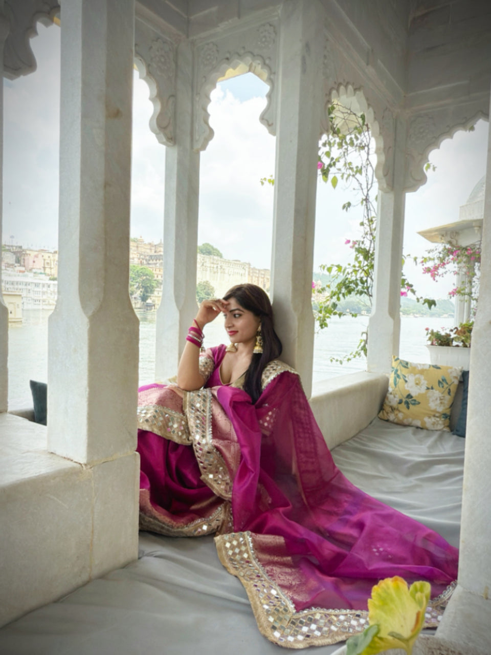 Magenta Pink Banarasi Rajwada Mirror Work Tissue Silk Saree