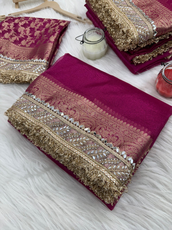Gulabi Pink Banarasi Riwaayat Tissue Silk Saree | Easy To Carry